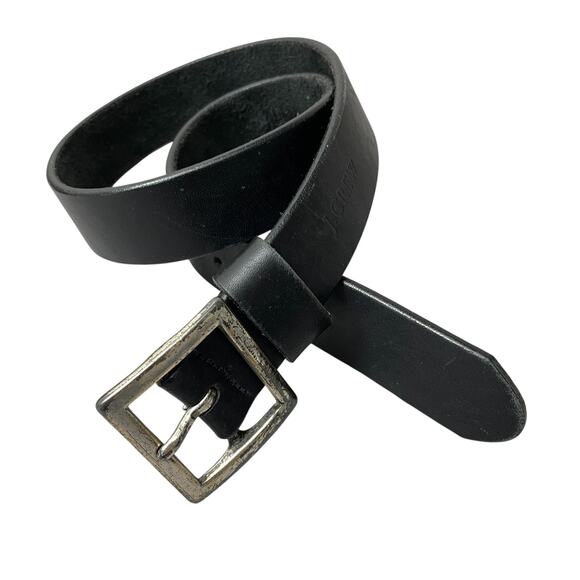 J Crew Leather Belt Mens 28 Black Silver Buckle Embossed Logo Preppy Classic * - Picture 1 of 11